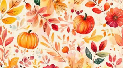 Poster - Autumn pumpkins among colorful leaves and flowers