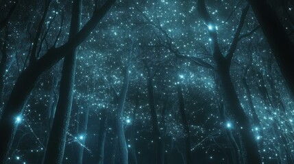 Poster - Enchanted forest with glowing lights illuminating trees at night