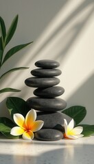 Aufkleber - Stack of six stones with plumeria flowers and green leaves indoors