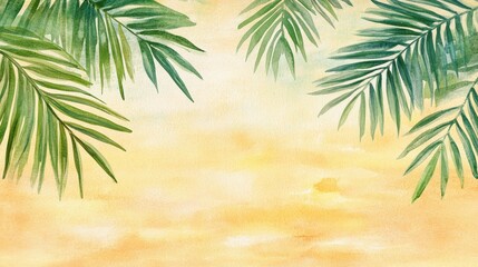 Aufkleber - Watercolor palm fronds against serene tropical beach backdrop