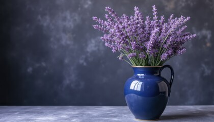 Aufkleber - Bunch of lavender flowers in blue vase on table indoors