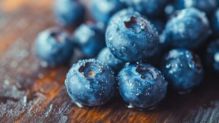 Poster - Fresh blueberries covered in water droplets on wooden surface