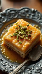 Aufkleber - Delicious layered orange dessert topped with green nuts on table