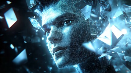 Poster - Young man with fragmented digital face in abstract environment