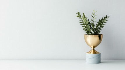Aufkleber - Green plant in gold vase on marble base, serene indoor setting