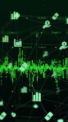 Aufkleber - Animation of graph over connected icons forming globe against black background