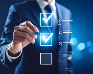 Poster -  Businessman Marking Digital Checklist Boxes on Transparent Interface, Isolated Background for Productivity and Workflow Management Concepts.