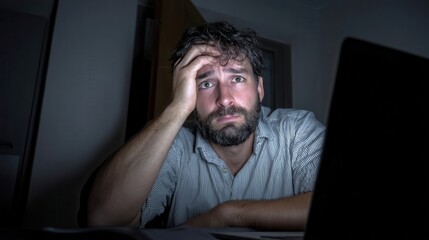 Aufkleber - A man with a worried expression stares intently at a laptop.