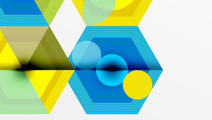 Aufkleber - Abstract geometric composition. Hexagons, circles, triangles overlap creating vibrant visual effect. Lines suggest depth, movement.
