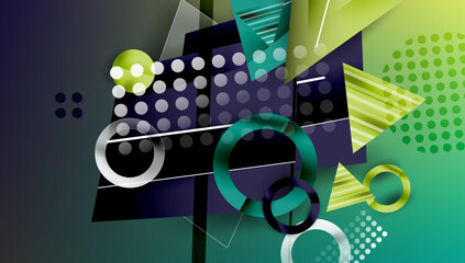 Poster - Abstract composition. Geometric shapes overlap, creating dynamic visual experience. Green, purple hues dominate design.