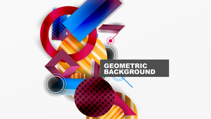 Poster - Abstract geometric shapes overlap, creating vibrant colorful design. Modern composition utilizes circles, rectangles, lines.