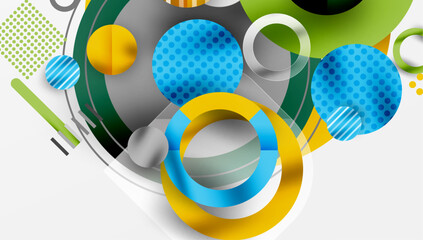 Fototapete - Abstract geometric design. Circles, lines, shapes overlap creating modern visual composition. Bright colors dominate background.