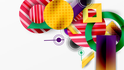 Poster - Abstract geometric shapes overlap, creating vibrant colorful composition. Stripes, circles, rectangles dominate design. Modern aesthetic.