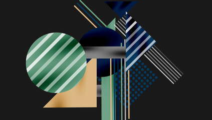 Poster - Abstract geometric composition. Shapes overlap, creating dynamic visual interest. Colors include blues, greens, gold, grays. Modern design.