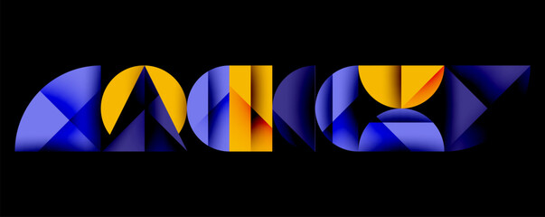 Fototapete - abstract geometric shapes form stylized text. vivid blue, purple, gold hues dominate black backgroun