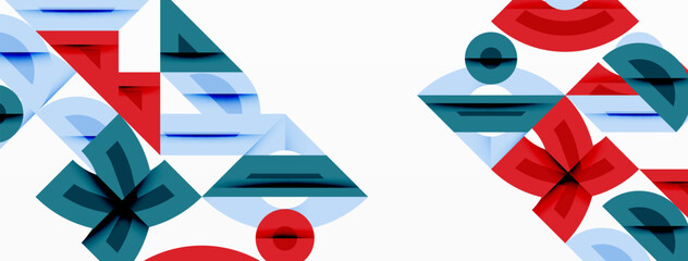 Poster - Abstract geometric shapes, red, teal, blue. Minimalist design, clean lines, white background. Modern art composition, balanced symmetry.