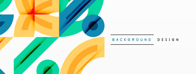 Poster - Abstract geometric shapes overlap, creating vibrant colorful design. Background features orange, teal, blue hues. Minimalist aesthetic.