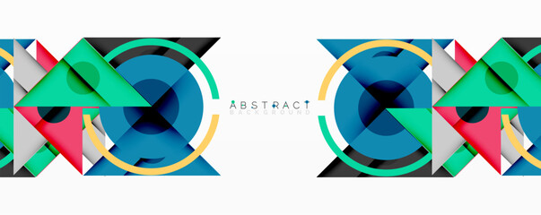 Poster - Modern abstract design. Geometric shapes overlap, creating dynamic visual effect. Blue, green, pink hues dominate composition.