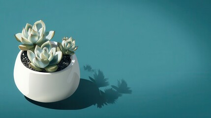 Poster - Succulent plant in a white pot against a teal background.