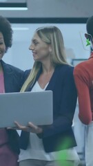 Poster - Animation of ecology icons over diverse colleagues using laptop and discussing work in office