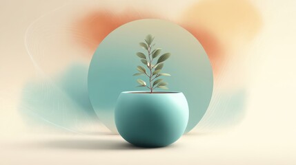 Poster - Small plant in a teal colored pot, against a pastel background.