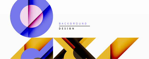 Poster - Abstract geometric design features vibrant circles, triangles, overlapping shapes. Modern aesthetic with bold colors, clean lines, minimalist composition. Suitable background element.