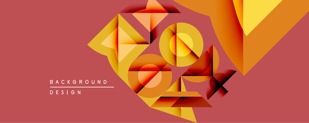 Fototapete - Abstract geometric composition. Overlapping shapes create dynamic visual effect. Warm color palette dominates, featuring orange, yellow hues. Modern design element.
