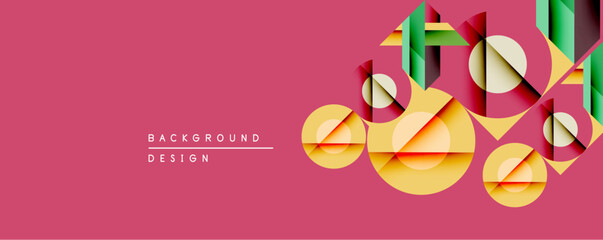 Aufkleber - Abstract geometric composition. Overlapping circles, rectangles create layered effect. Warm yellow, green hues contrast with pink backdrop. Modern design element.