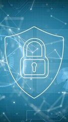 Poster - Animation of digital shield with padlock and connections on blue background