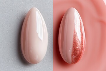 Poster - Close-up view of two elegant nail polish bottles, one light pink and one with copper glitter. The sleek egg-shaped design and clean studio setting create a simple yet sophisticated mood.