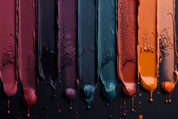 Poster - Seven vertical streaks of paint in vibrant colors drip down against a dark background. The studio setting enhances the dramatic and luxurious mood of the artwork.