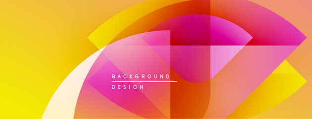 Poster - Abstract geometric shapes overlap, creating vibrant yellow, orange, pink gradients. Design features text background design centrally positioned.