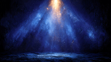 Wall Mural - Mysterious blue lit abstract space with bright beams of light and a rocky floor showing texture and dimension