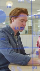 Poster - Animation of data processing and diagrams over caucasian colleagues discussing work in office