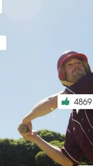 Fototapete - Animation of social media icons with growing numbers over caucasian male baseball player