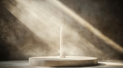 Poster - Light-filled pedestal display with a tall, light object.