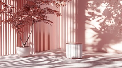 Poster - Pastel pink room scene with plant and podium.