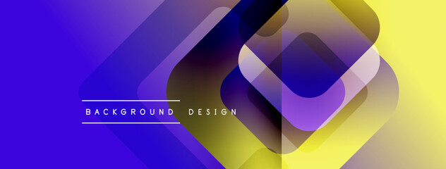 Poster - Abstract geometric shapes blend vibrant purple, yellow hues. Modern design features overlapping squares, gradients. Text reads background design.