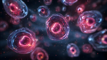 Poster - Microscopic cellular world with glowing nuclei representing scientific research biology and