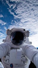 Wall Mural - Astronaut takes a selfie while floating in space outside earth's atmosphere 