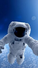 Wall Mural - Astronaut takes a selfie while floating in space outside earth's atmosphere 