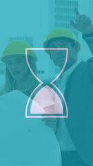 Aufkleber - Animation of hourglass over caucasian colleagues discussing project