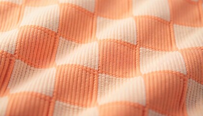 Fototapete - Textured Peach and Cream Checkered Fabric Close up Soft Woven Textile Background