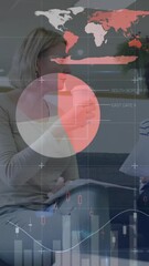Poster - Animation of data processing and diagrams over diverse female colleagues talking in office