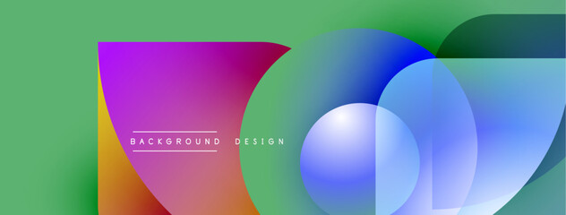 Poster - Abstract colorful shapes overlap green backdrop. Text reads background design. Modern visual presentation, vibrant hues present.
