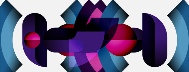 Poster - Abstract geometric composition. Shapes overlap, creating vibrant purple, pink, blue hues. Modern design, symmetrical elements present.