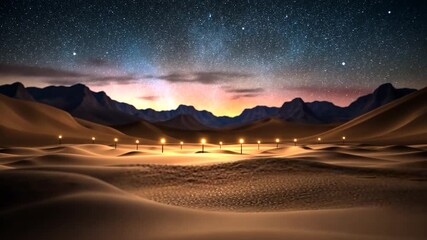 Wall Mural - generic landscape under a starry night with rows of illuminated lights creating a serene atmosphere 