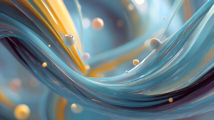 Poster - Abstract fluid art with flowing turquoise and golden ribbons alongside floating translucent