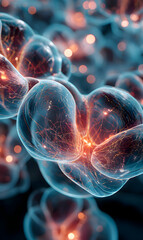 Poster - Abstract cellular structure with glowing filaments for scientific research visualization or