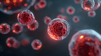Poster - Detailed microscopic view of cell structures red biological elements and internal dynamics for